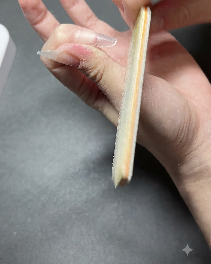 거친 네일 파일로 네일 연장 모서리를 버퍼링하고 모양을 다듬는 클로즈업 뷰.