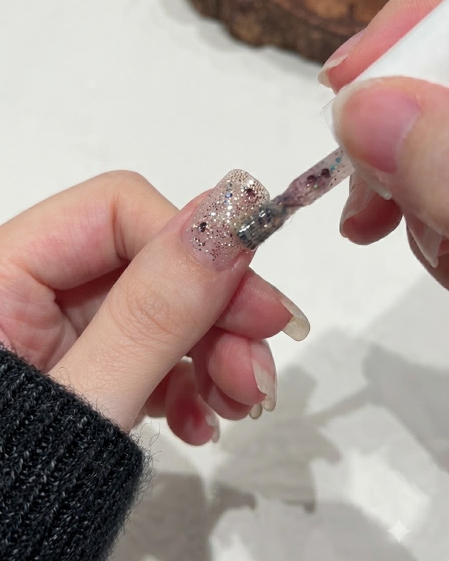 손톱 위의 기존 글리터 층 위에 두 번째 핑크 글리터 젤을 덧바르는 브러시.