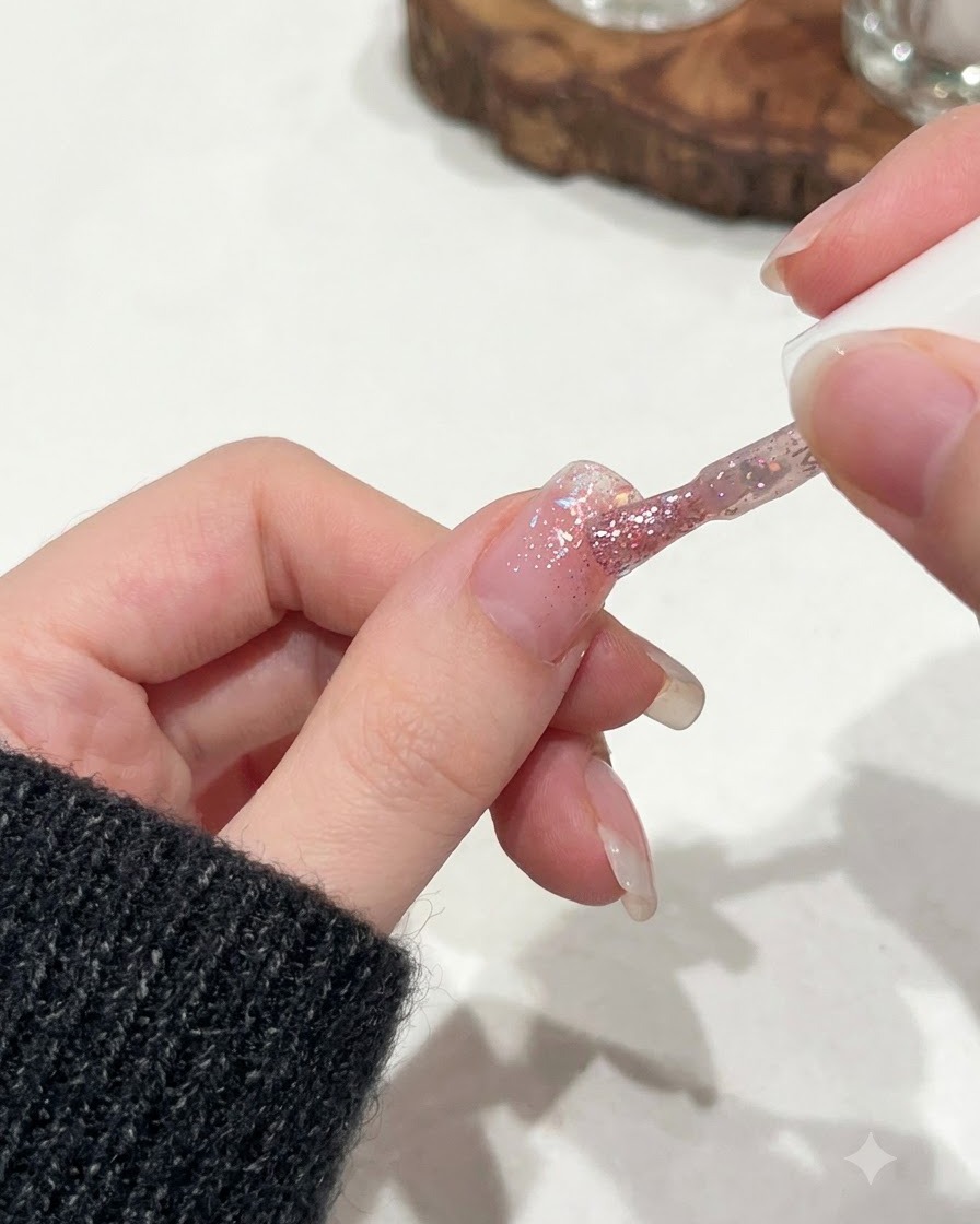 손톱 표면 전체에 C62 젤이 고르게 펴 발라지고 레벨링되는 클로즈업 뷰.