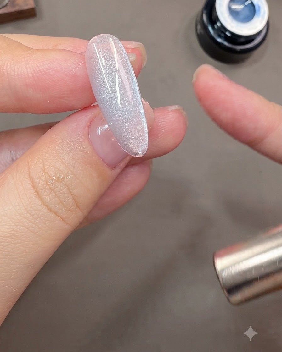 그레이 블루 캣아이 네일 옆에서 마그네틱 완드를 들고 측면 빛 반사를 세밀하게 잡는 손의 클로즈업 뷰.