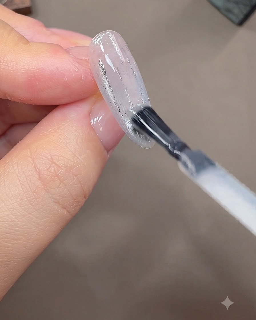 데코레이션이 된 네일 표면 위에 브러시로 투명 빌더 젤을 얇게 펴 바르는 모습.