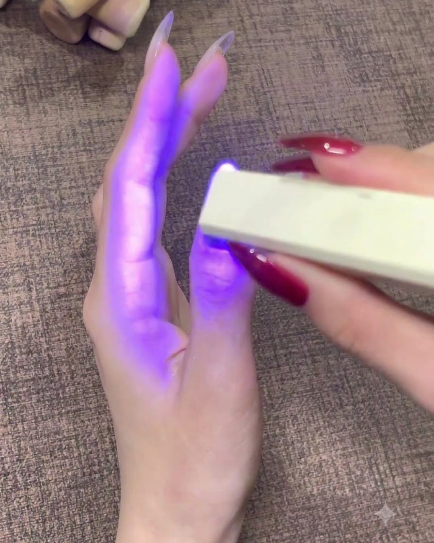 완성된 엄지 손톱 위에 보라색 빛을 비추는 휴대용 UV LED 네일 램프.