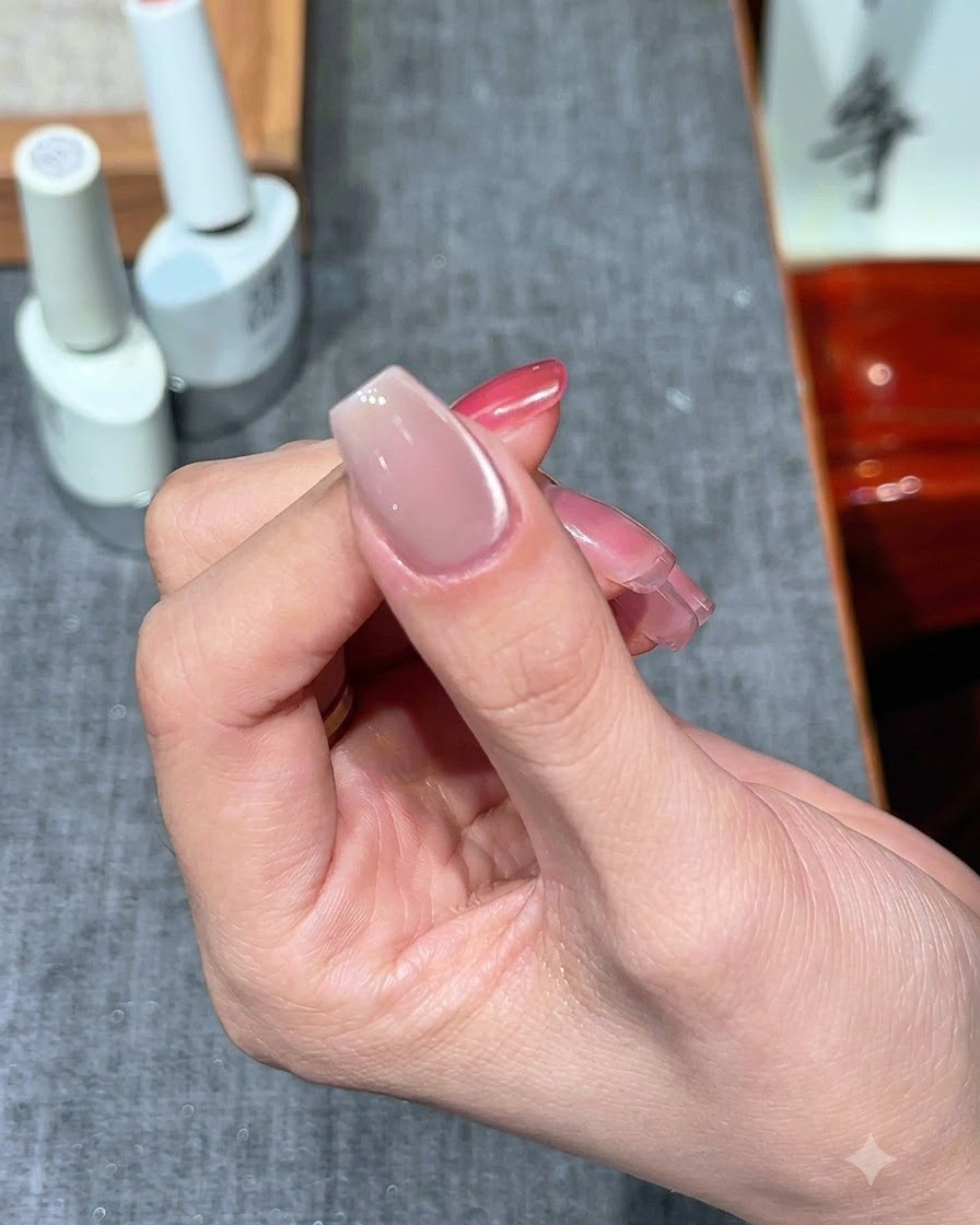캣아이 도포 후 UV/LED 램프 아래에서 경화되는 손톱.