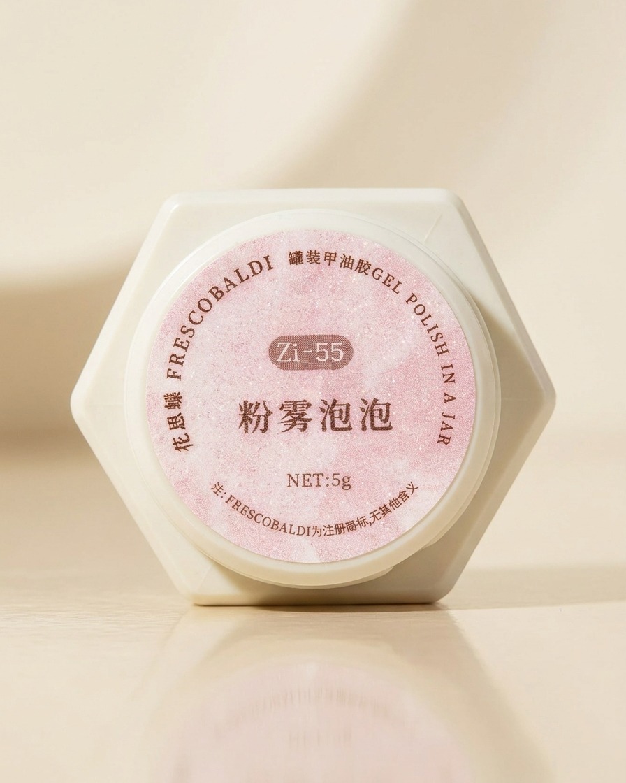 중립적인 배경 속에서 핑크와 퍼플 시머 젤 폴리쉬 병뚜껑을 열고 있는 손의 클로즈업 샷.