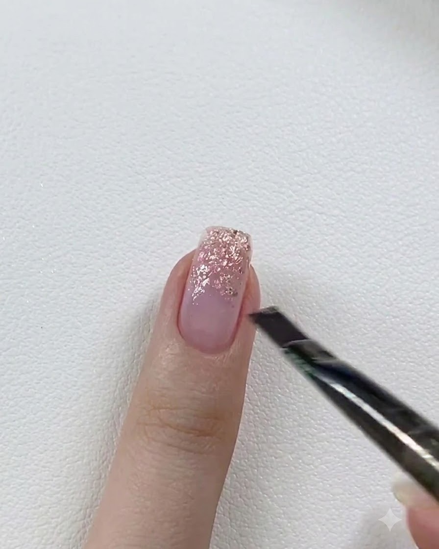 하얀 테이블 위에서 손톱에 바른 글리터 젤을 미니 휴대용 UV/LED 램프로 큐어링하는 모습.