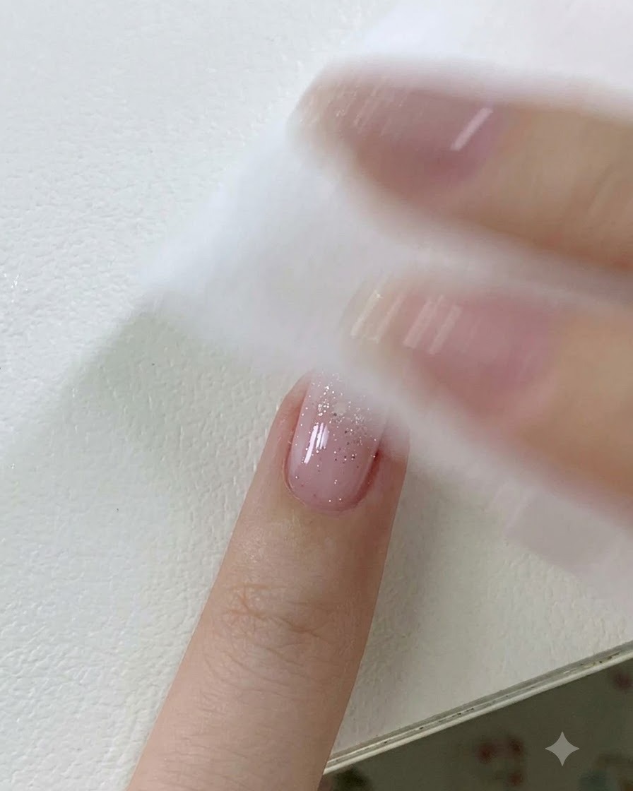 큐어링된 네일 표면에 남은 끈적한 잔여물을 클렌저 와이프로 닦아내는 모습.