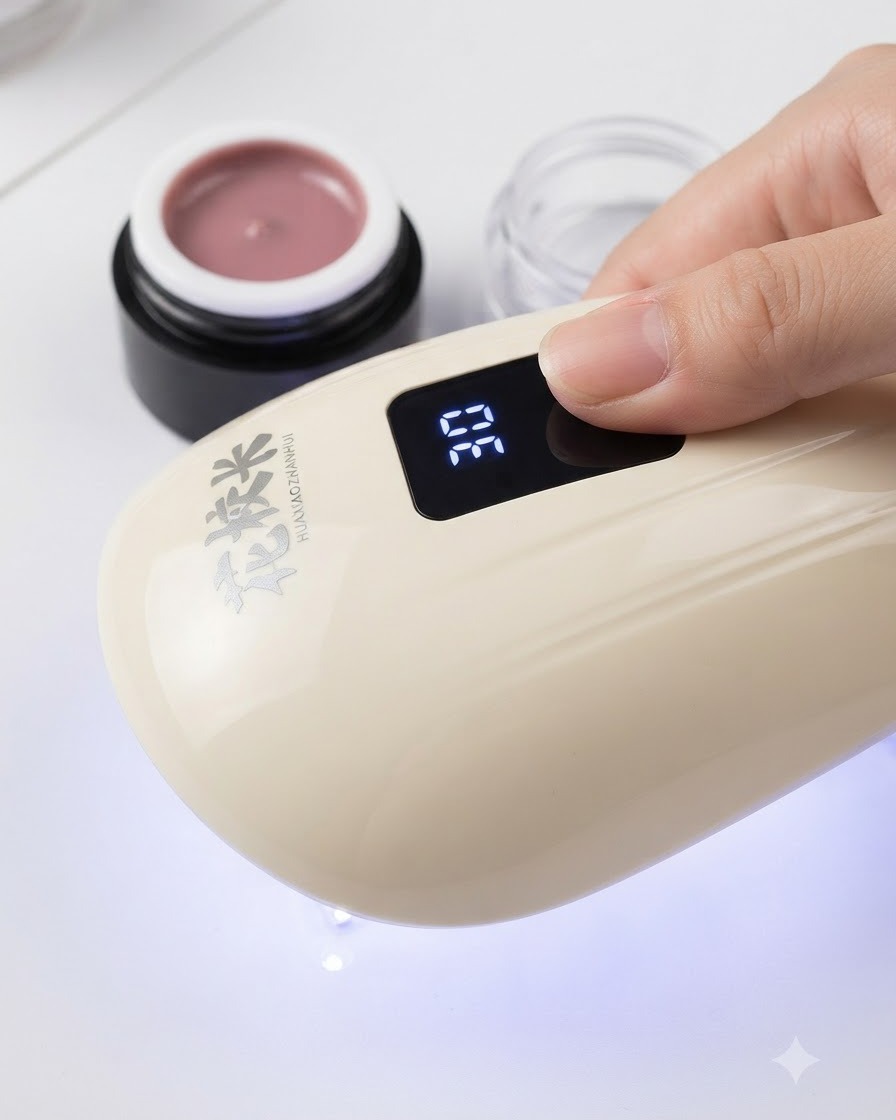 휴대용 디지털 UV/LED 네일 램프 아래에서 자석젤 층이 구워지고 있는 손가락.