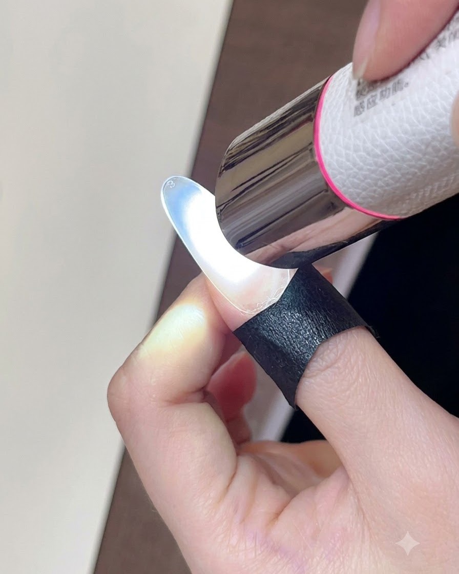 핸드헬드 미니 UV/LED 램프로 손톱 위의 젤 레이어를 경화시키는 모습.