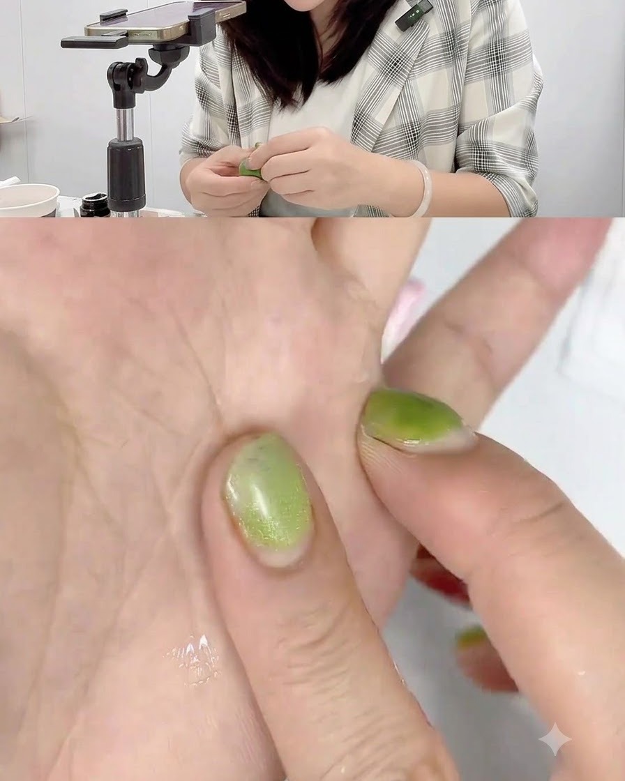 손바닥에 핑크 스컬프팅 젤 작은 덩어리를 대고 눌러 얇은 디스크 모양으로 만드는 손.