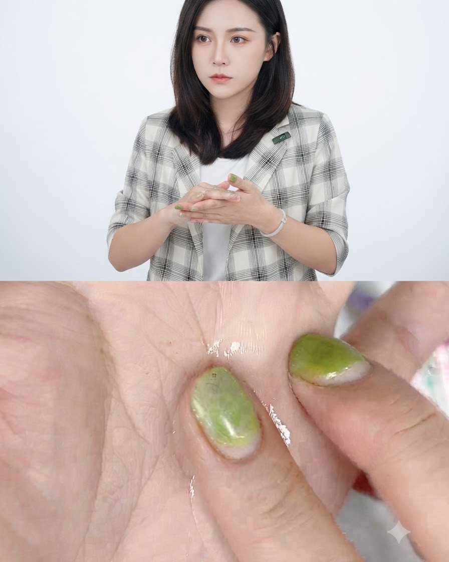 클리너 물이 묻은 손으로 작은 핑크 스컬프팅 젤 덩어리를 잡고 납작하게 누르는 손.