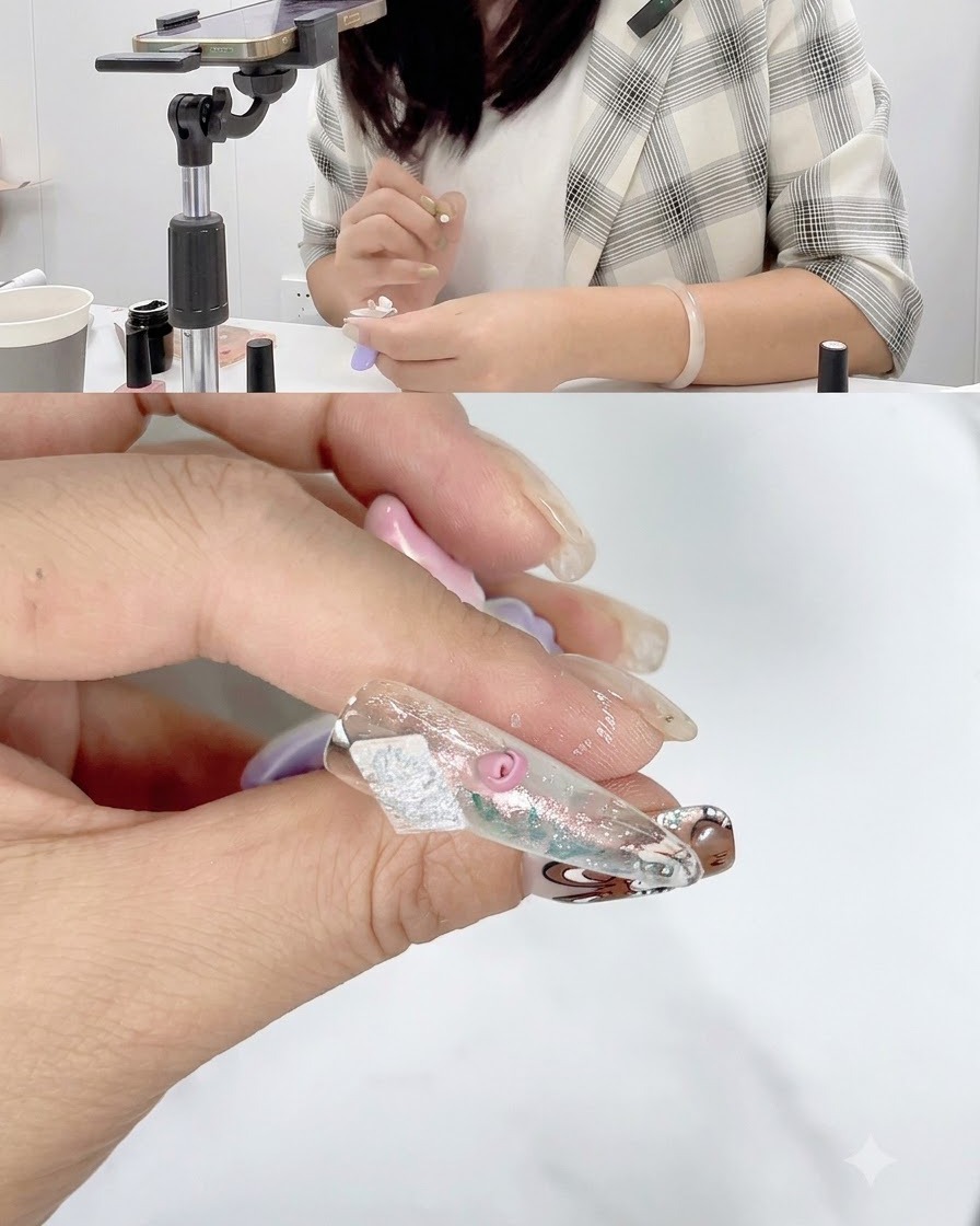 부분적으로 완성된 장미 꽃잎이 있는 네일이 네일 램프 아래에서 경화되는 클로즈업.