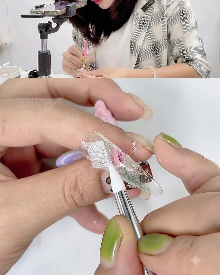 네일 위의 핑크 젤 꽃잎 가장자리를 실리콘 카빙 펜이 모양을 잡으며 뒤로 당기는 모습.