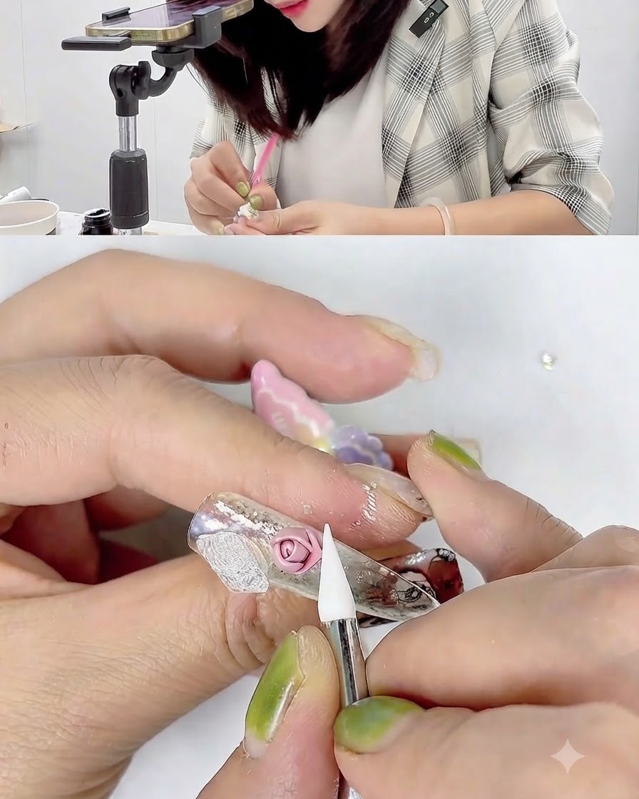 실리콘 도구가 핑크 3D 젤 장미 꽃잎을 감싸고 매끄럽게 다듬는 클로즈업 뷰.