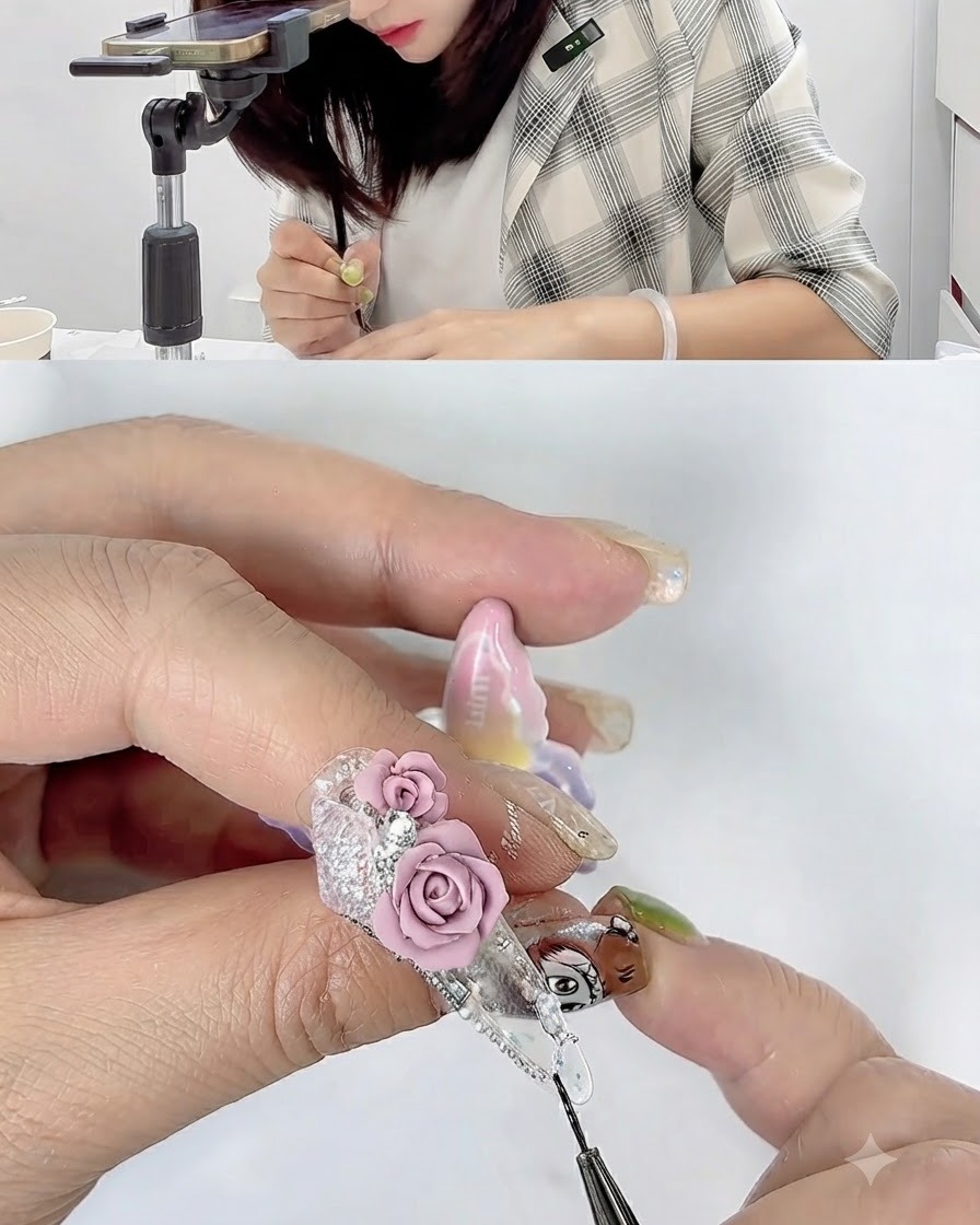 라인스톤 포인트와 함께 나란히 배치된 조형된 두 개의 핑크 3D 장미를 보여주는 완성된 네일.
