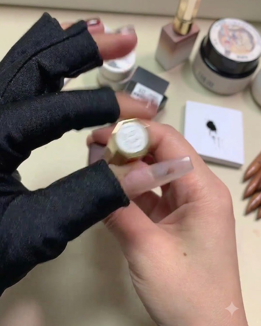 Nail Love 60색 세트 쉐이드 53번 버건디 레드 젤 폴리쉬 병을 들고 있는 손.