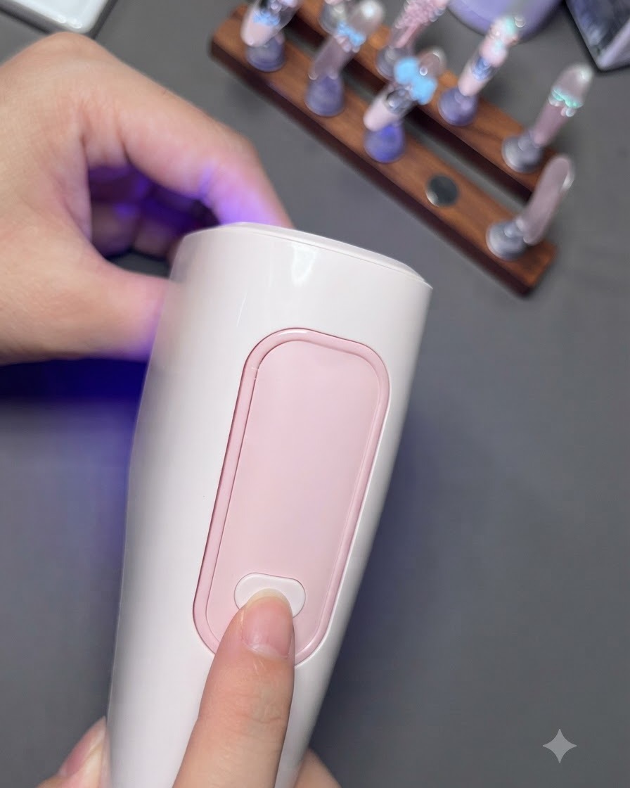 손톱 위의 3D 파츠 위에 윤기 나는 탑 코트를 정교하게 바르는 네일 브러시.