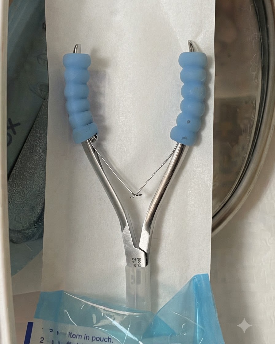 열려 있는 멸균 포장 파우치 안에 놓인 소독된 금속 큐티클 니퍼.