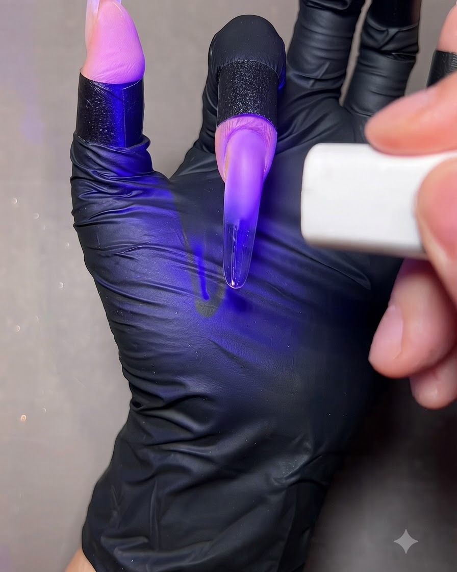 휴대용 보라색 UV/LED 램프 불빛 아래에서 투명한 네일 연장 팁을 비추고 있는 손가락.
