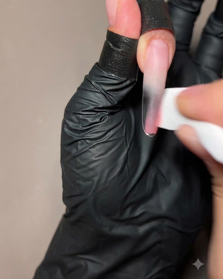 메이크업 스펀지를 이용해 긴 네일 연장 팁의 하단 절반에 연한 피치 젤을 톡톡 두드려 바르는 손.