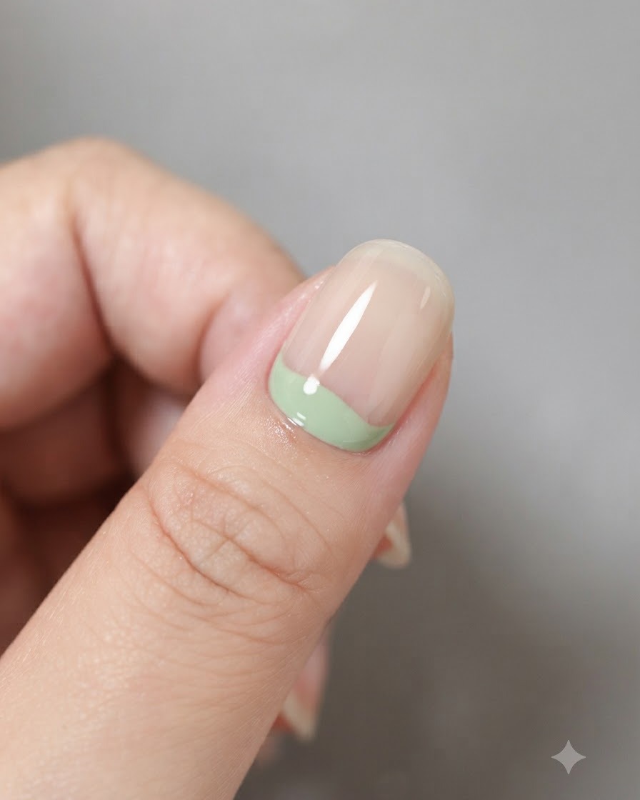 큐티클 라인을 따라 둥글게 밀키 그린 젤이 발라진 손톱 클로즈업 사진.