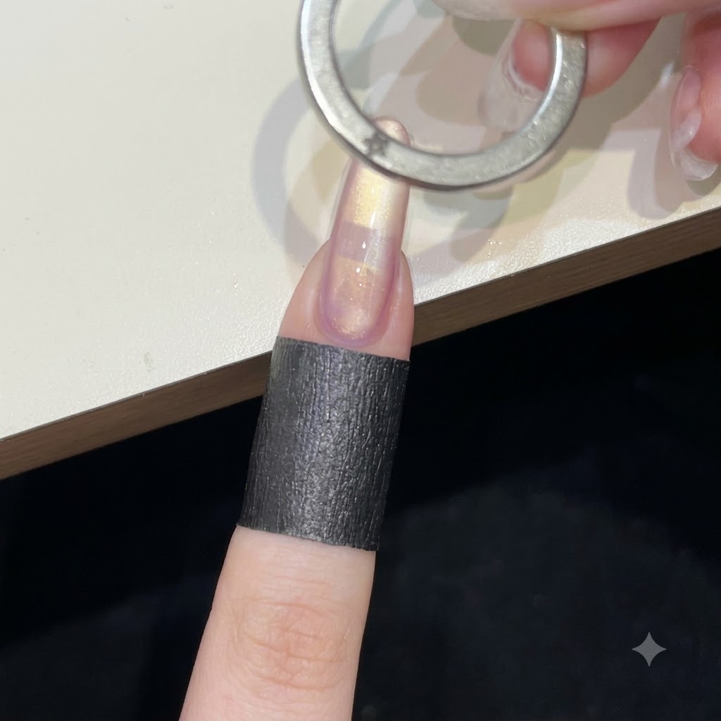 젖은 캣츠아이 젤 위에 원형 링 자석을 수평으로 들고 소용돌이치는 마그네틱 리본 패턴을 만드는 모습.