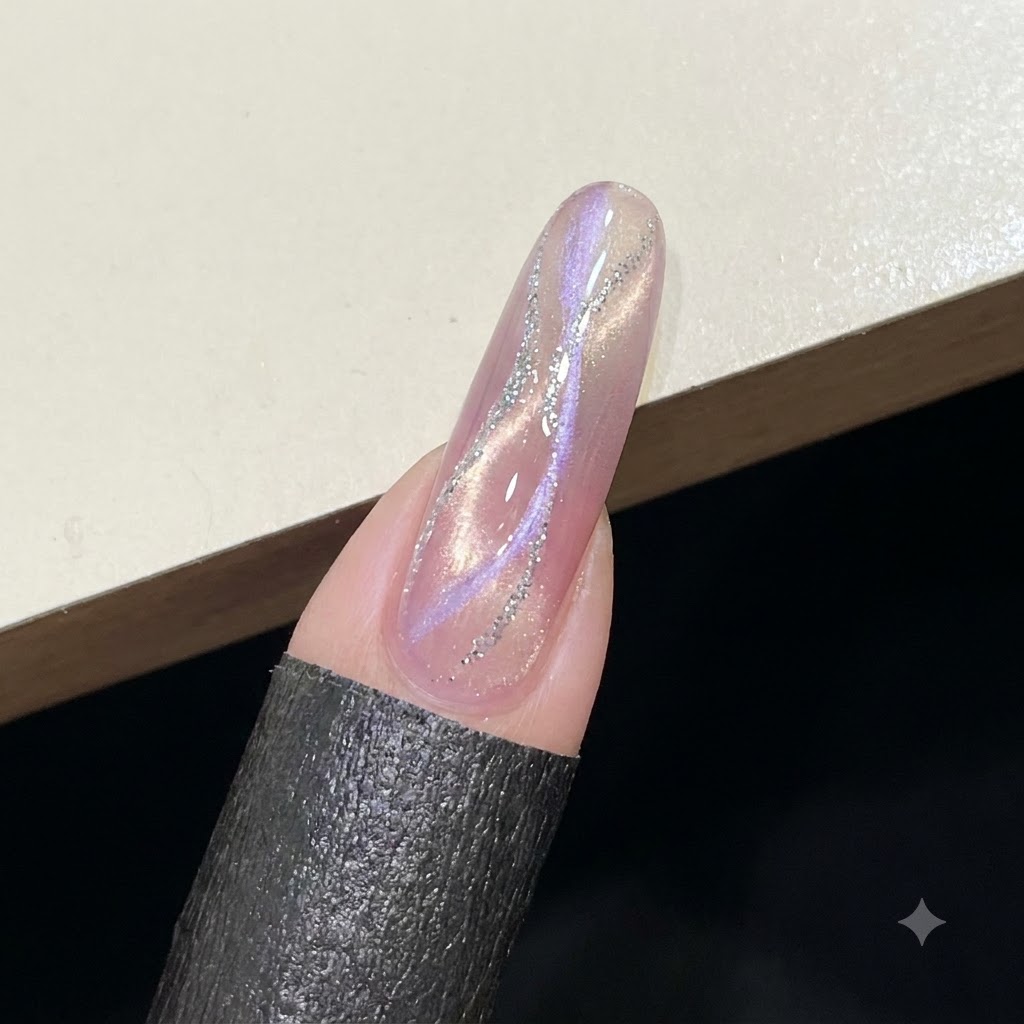 큐어링하지 않은 클리어 빌더 젤을 핑크빛으로 반짝이는 네일 위에 덧바른 클로즈업 사진.