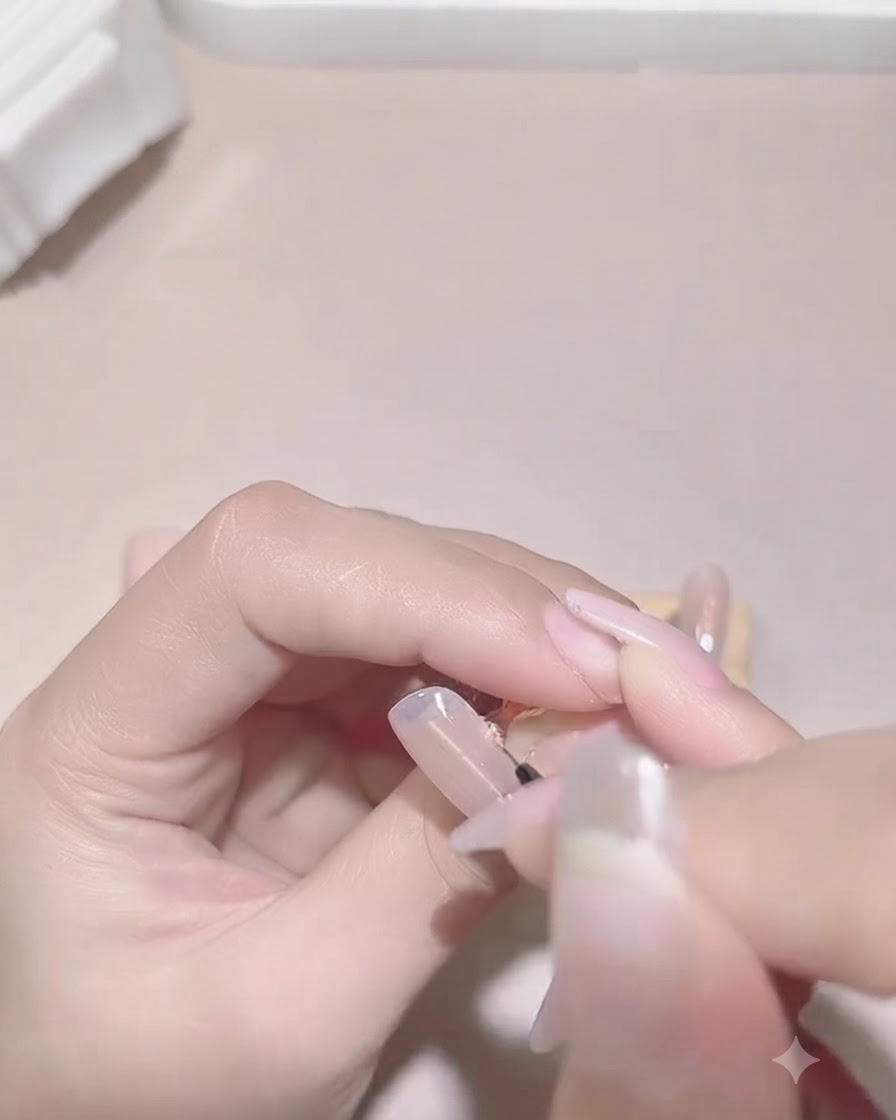 자연 네일 위에 물결 모양의 불규칙한 보라색 프렌치 팁 라인을 그리는 고운 네일 아트 브러시.