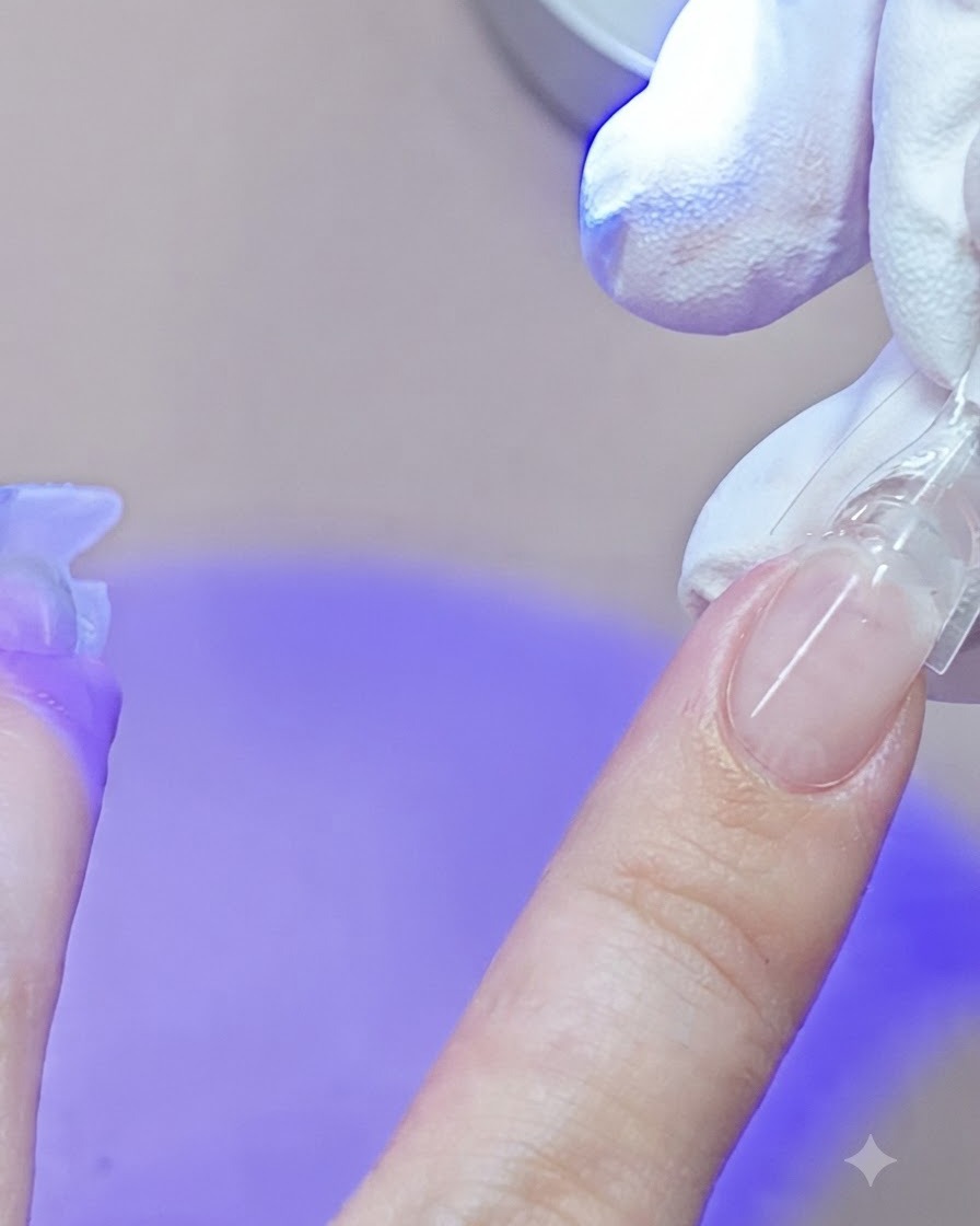 파란색 미니 UV 램프가 젤을 경화하는 동안 손이 새끼손톱에 투명 듀얼폼을 누르는 모습.