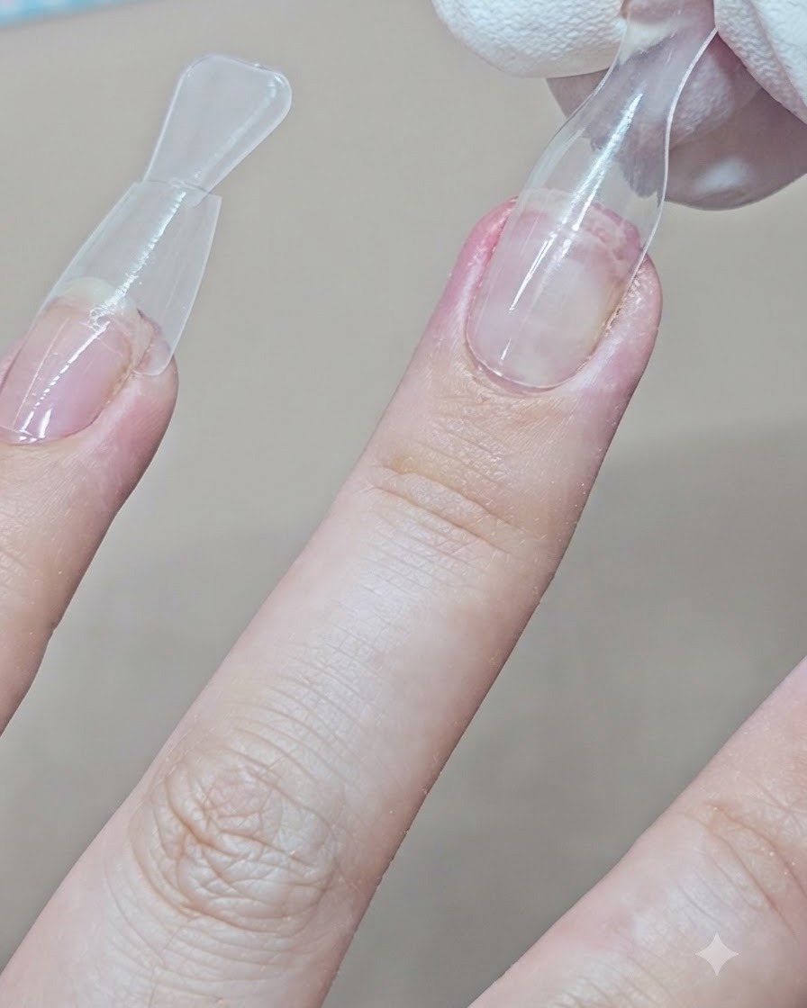중지의 완성된 클리어 젤 연장에서 듀얼폼이 팝 오프되는 클로즈업 뷰.