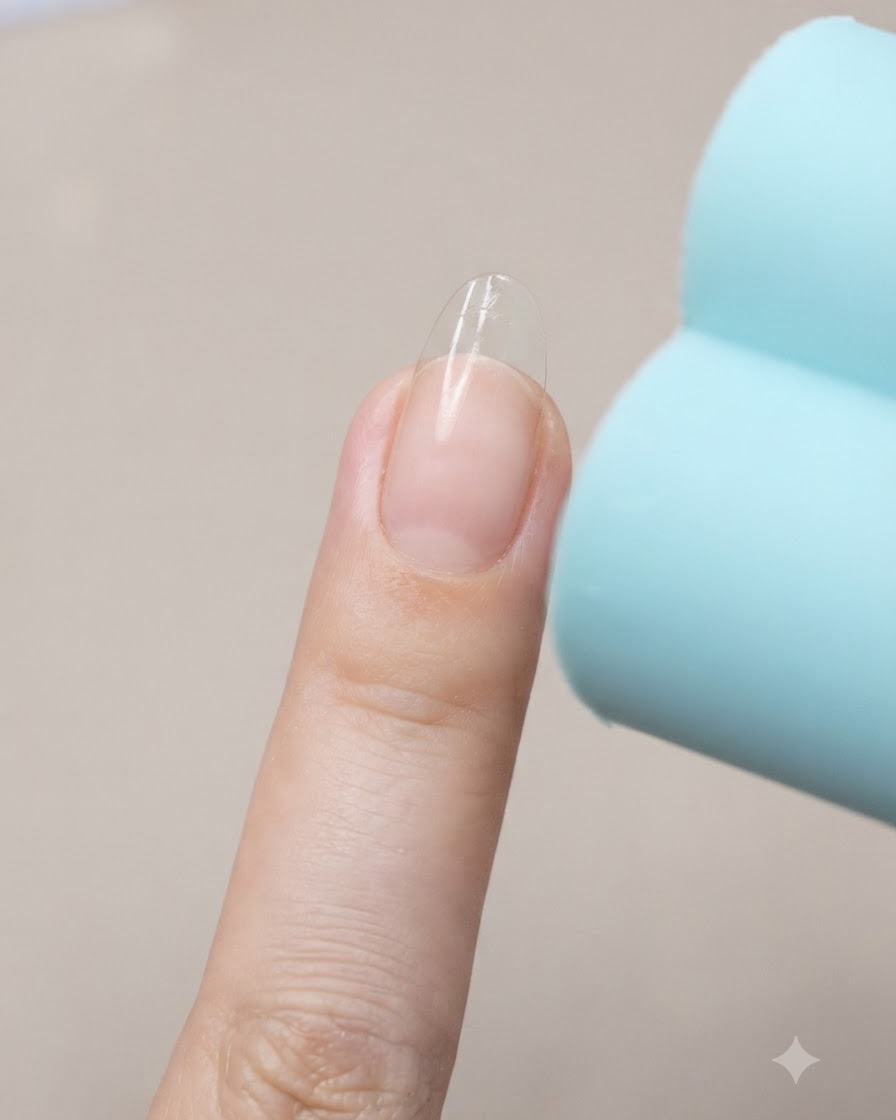끝이 고운 핀셋이 손톱에서 프렌치 가이드 스티커가 떼어질 때의 가장자리를 잡고 있는 모습.