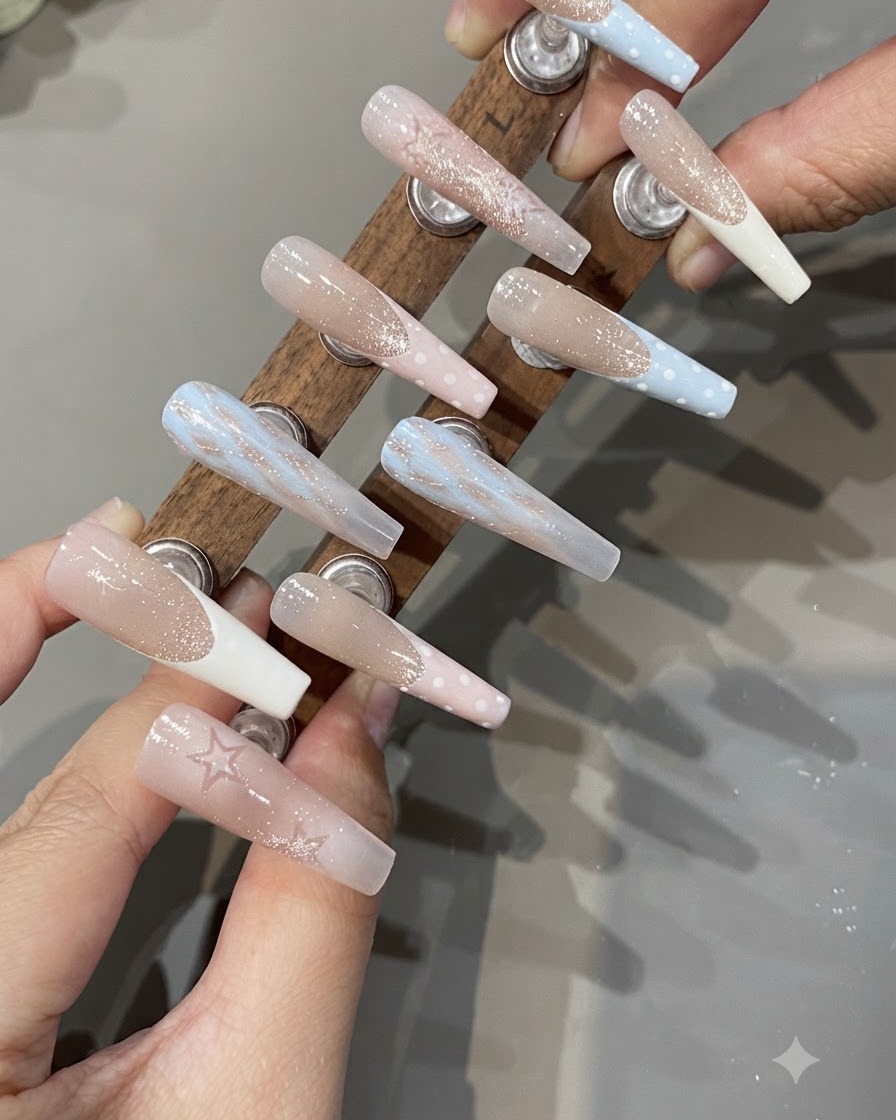 스펀지 도구를 사용하여 디스플레이 네일 세트에 베이스 젤을 바르는 모습.