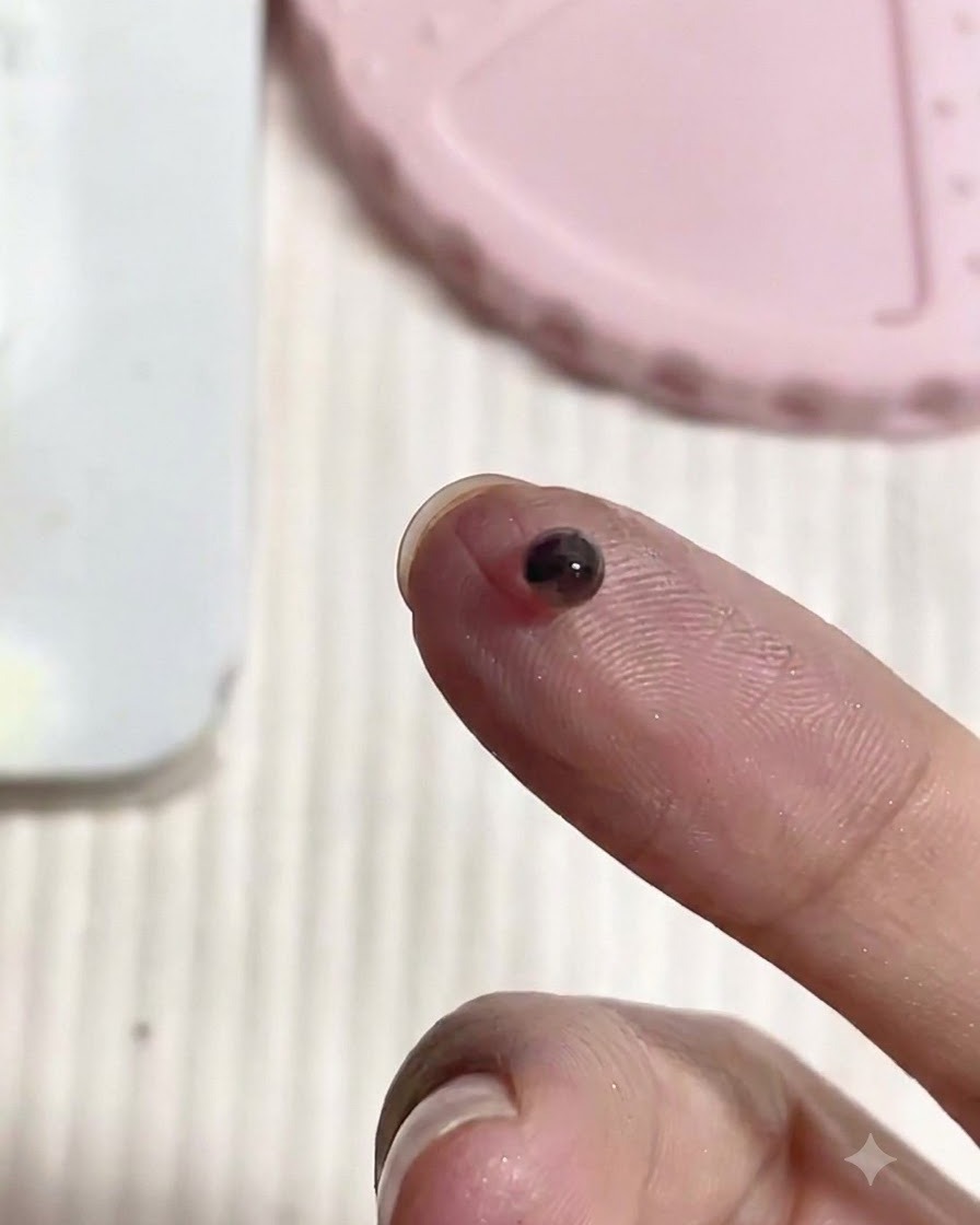 다크 PVC 소프트 캔디 젤의 작고 둥근 공을 들고 있는 손가락 끝의 클로즈업.
