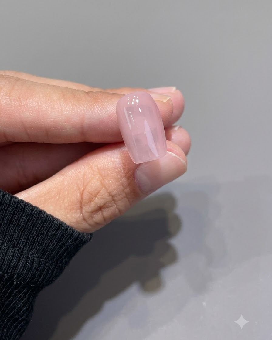 경화된 후 손가락 사이에 들려 있는 광택 있는 투명 핑크 네일.