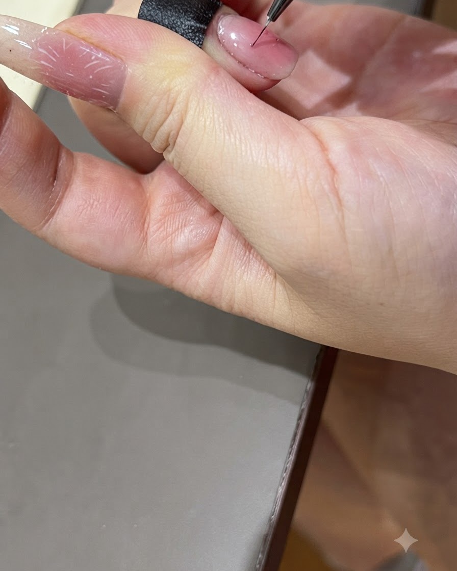 팔레트에서 컬러풀한 패팅 젤을 파인 네일 아트 브러시로 덜어내는 모습.