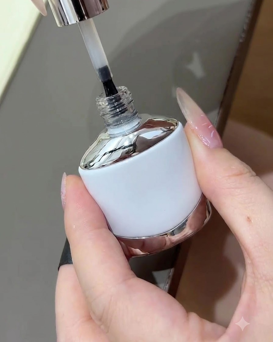 브러시를 들어 올려 보호용 광택 실링을 바를 준비가 된 네일 탑 코트 보틀.