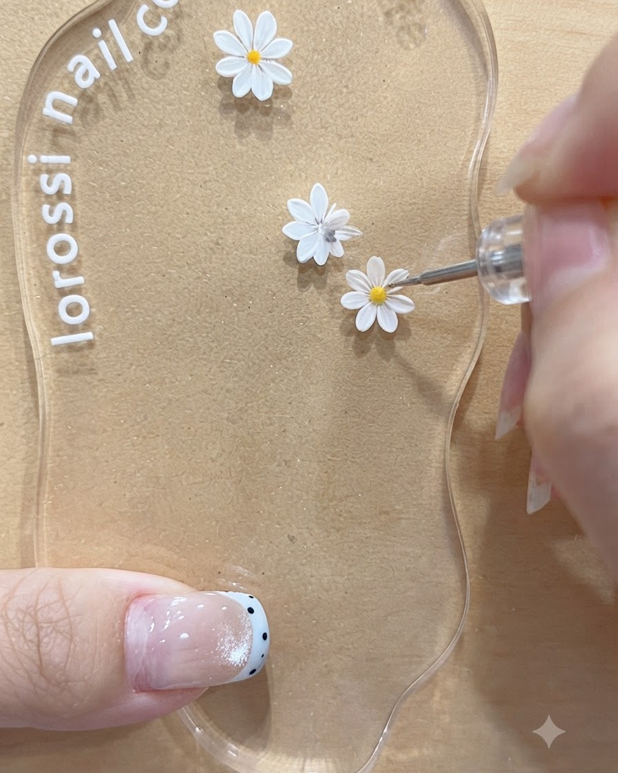 툴이 아크릴 네일 아트 팔레트 위의 두 번째 화이트 데이지 모티브에 노란색 중심 점을 적용하고 있는 모습.