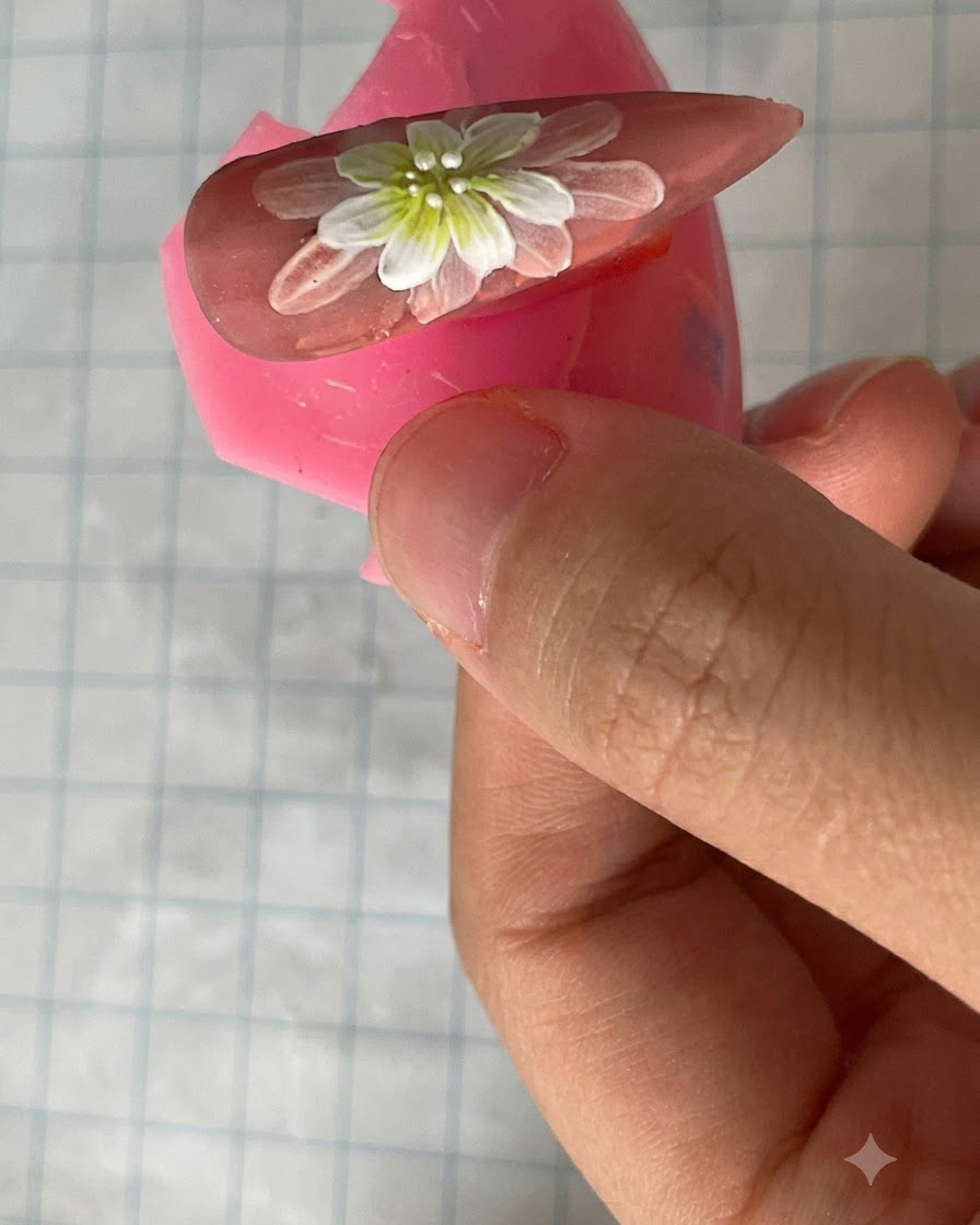 완성된 더블 레이어 데이지 네일 디자인 위에 브러시로 매트 탑 코트를 바르는 모습.