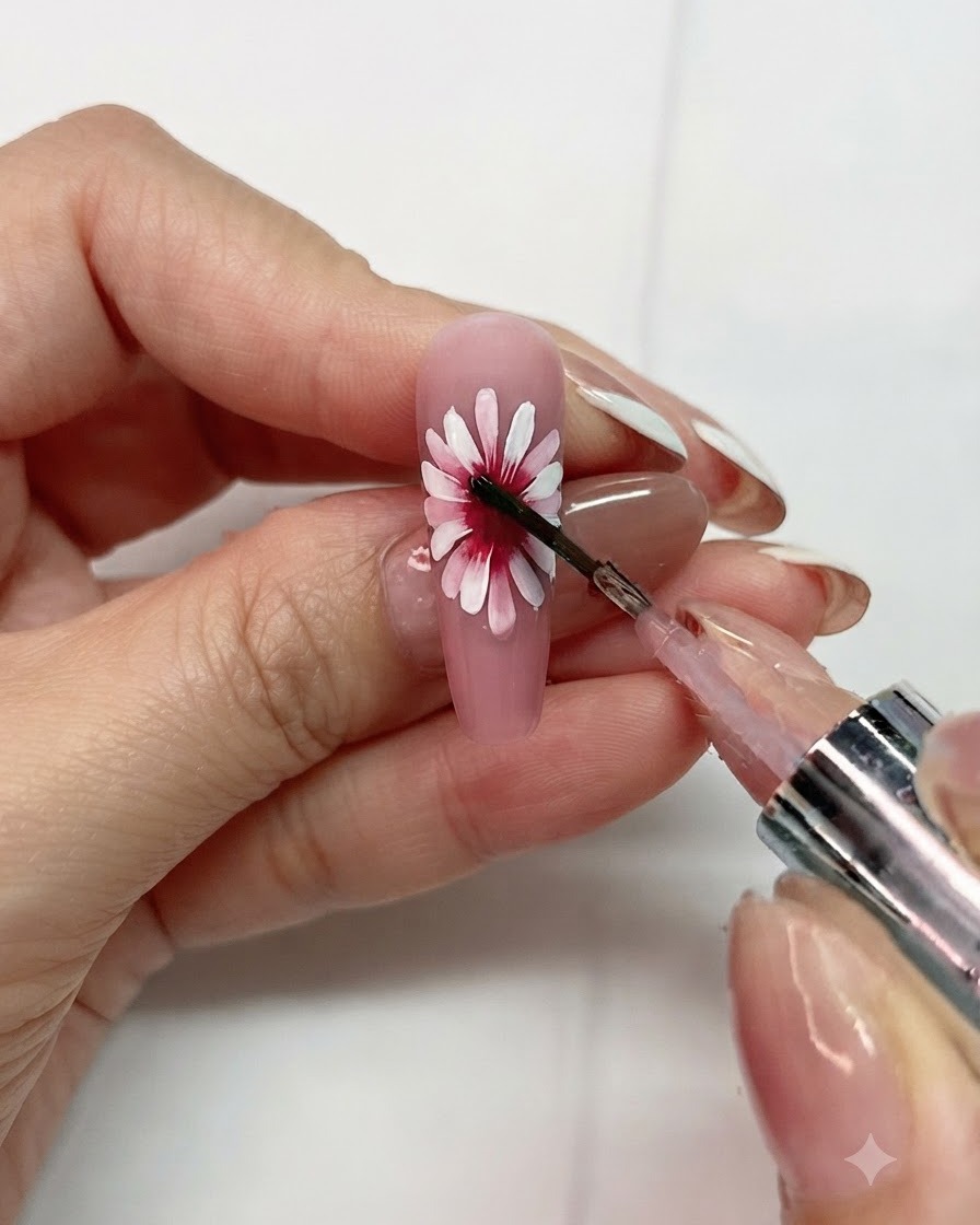 데이지 꽃 디자인 중앙에 파인 브러시로 블룸 리퀴드를 바르는 디테일 샷.