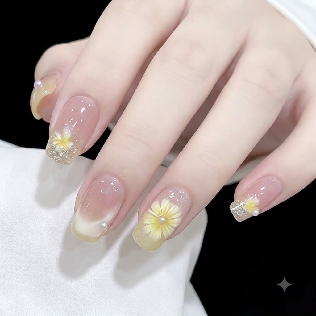3D 노란색 데이지 꽃과 포인트 진주로 장식된 클리어 젤리 베이스 네일을 보여주는 근접 뷰.