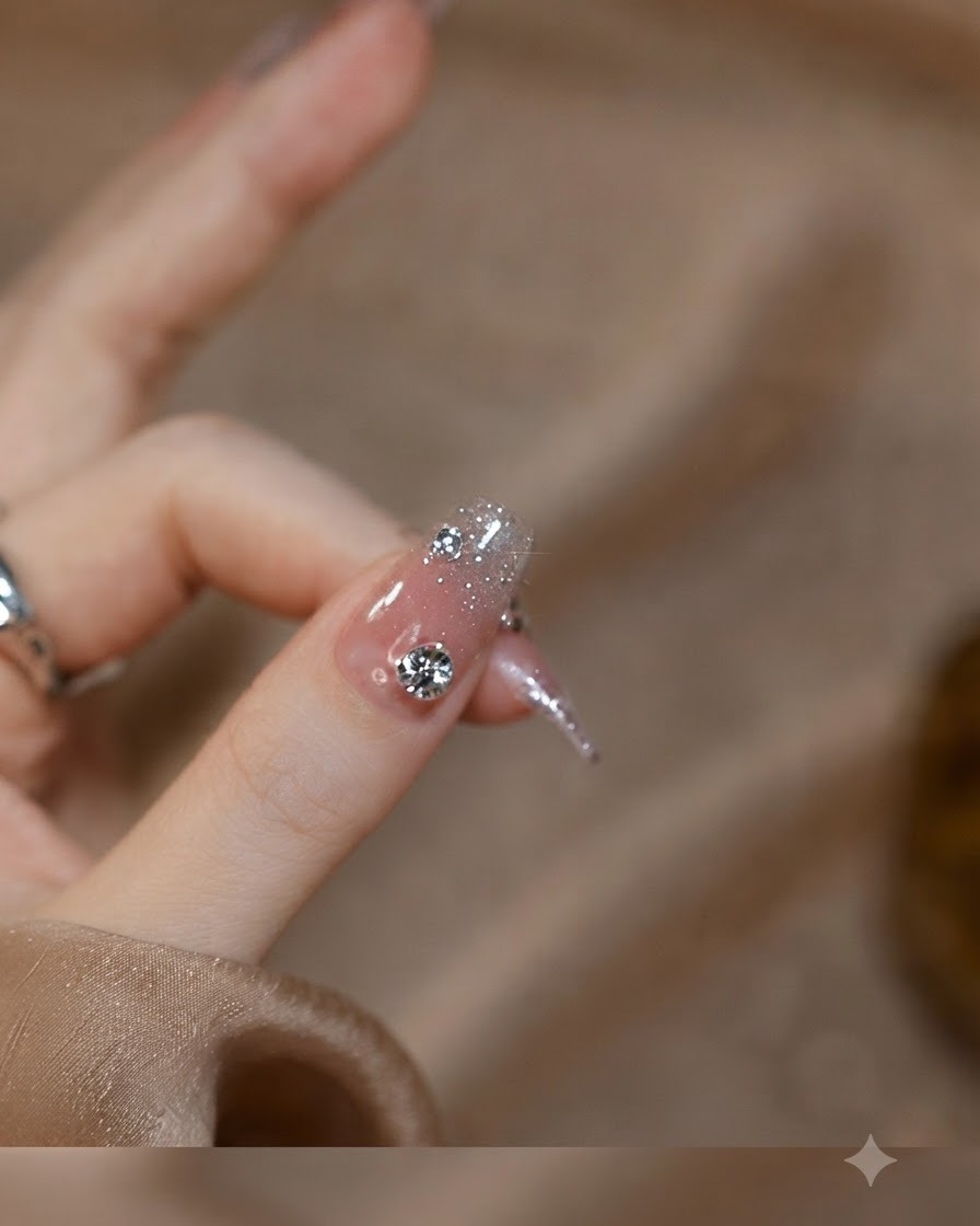 그라데이션 글리터 베이스 위로 대형 중앙 스톤과 마이크로 크리스탈이 곁들여진 엄지 손톱 매크로 샷.
