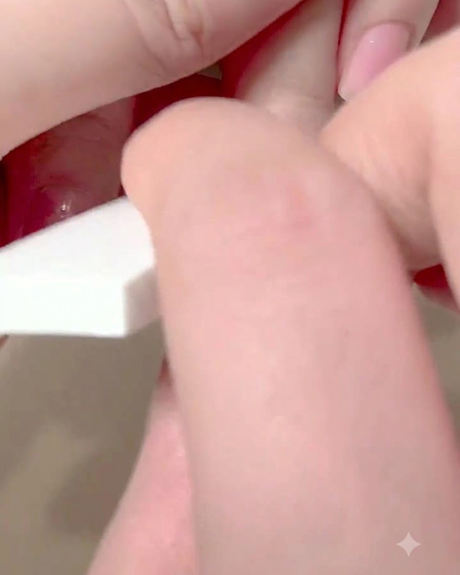 스폰지 도구가 네일 팁에서 두 번째 다비ing 라운드를 수행하여 컬러 전환을 완벽하게 다듬는 모습.