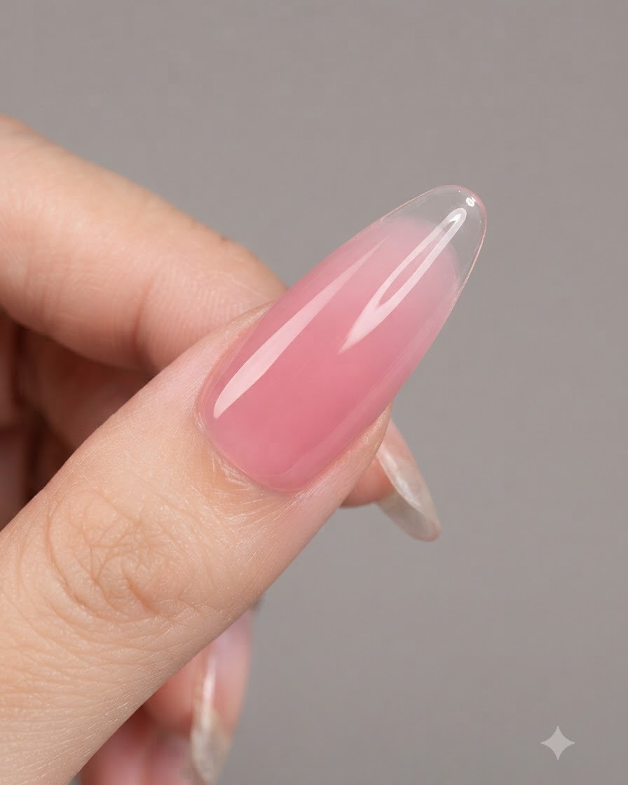 시스루 누드 젤을 바른 후 UV/LED 램프에서 경화 중인 네일.