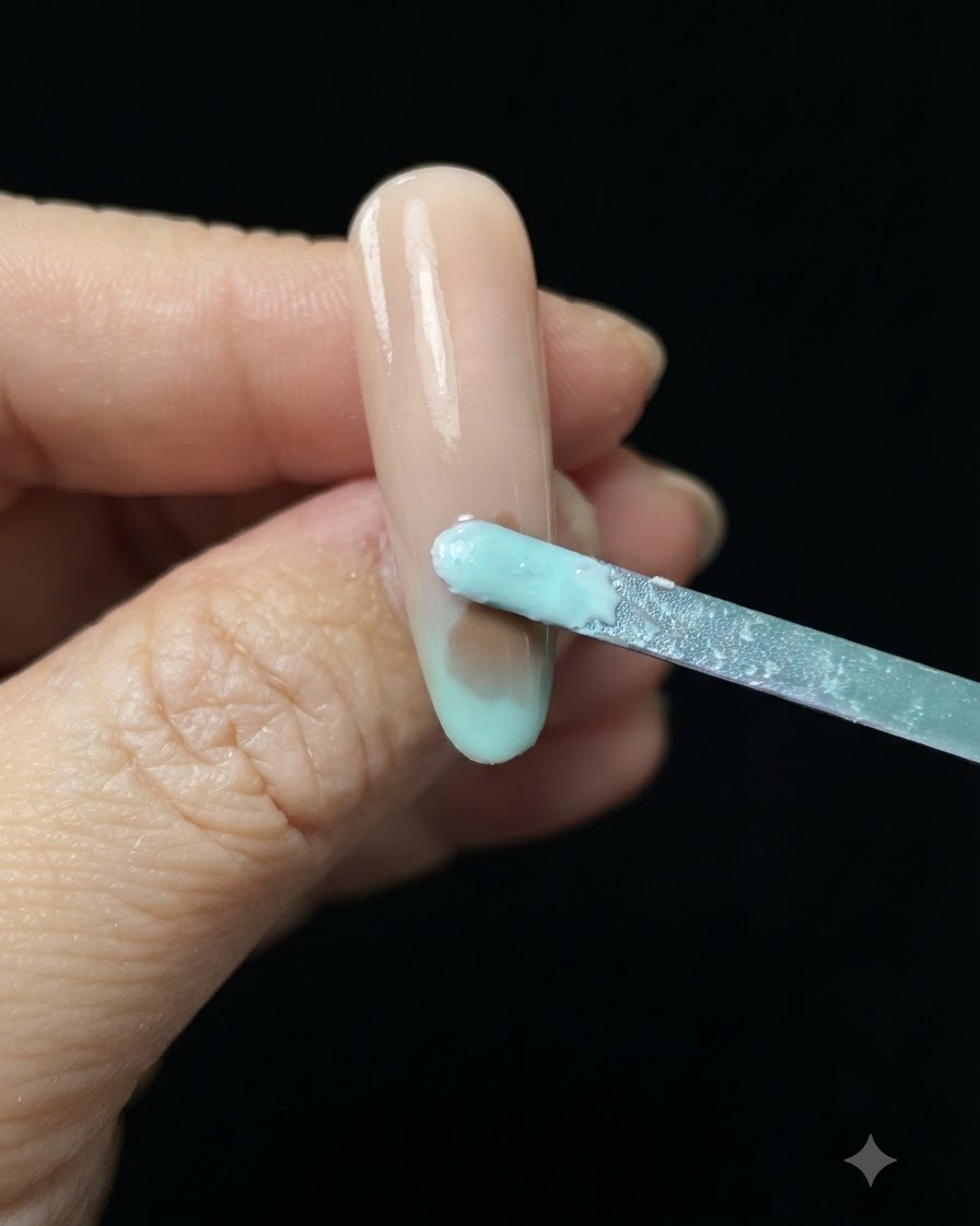 메이크업 스펀지로 프렙된 누드 네일 팁에 연한 블루와 그린 젤 폴리시를 톡톡 두드려 바르는 모습.