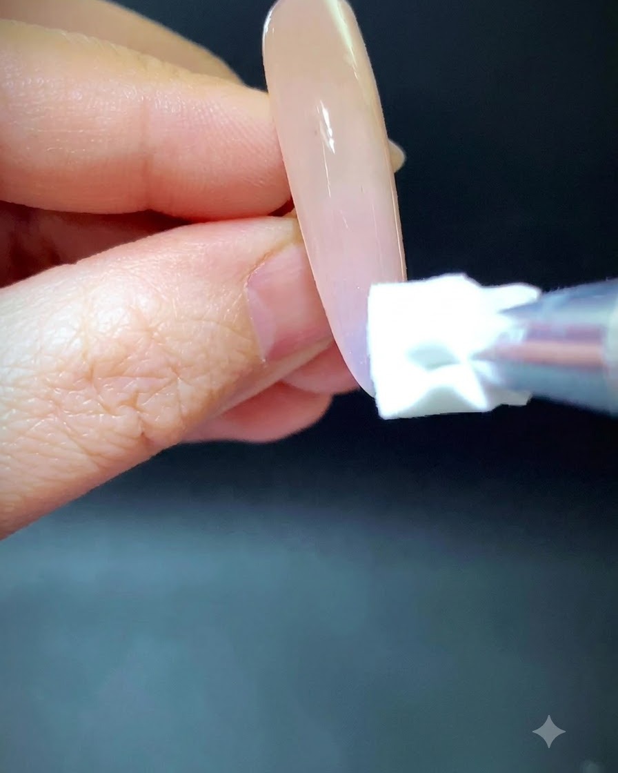 스펀지로 누드 네일 연장 부위에 블루와 그린 피그먼트를 위쪽으로 톡톡 두드려 바르는 모습.