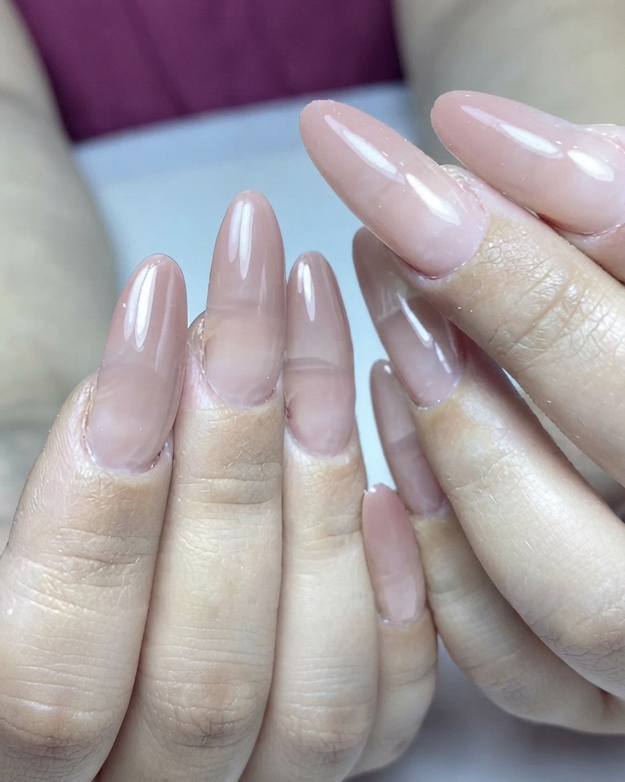 네일 브러시로 아몬드 모양 손톱 위에 얇게 소프트 핑크 컬러 젤을 바르는 모습.