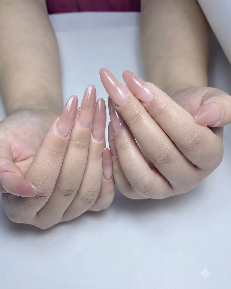 두 번째 컬러 층 작업 후 더욱 깊이 있는 소프트 핑크 그라데이션 효과가 나타난 아몬드 쉐이프 네일의 손 모습.