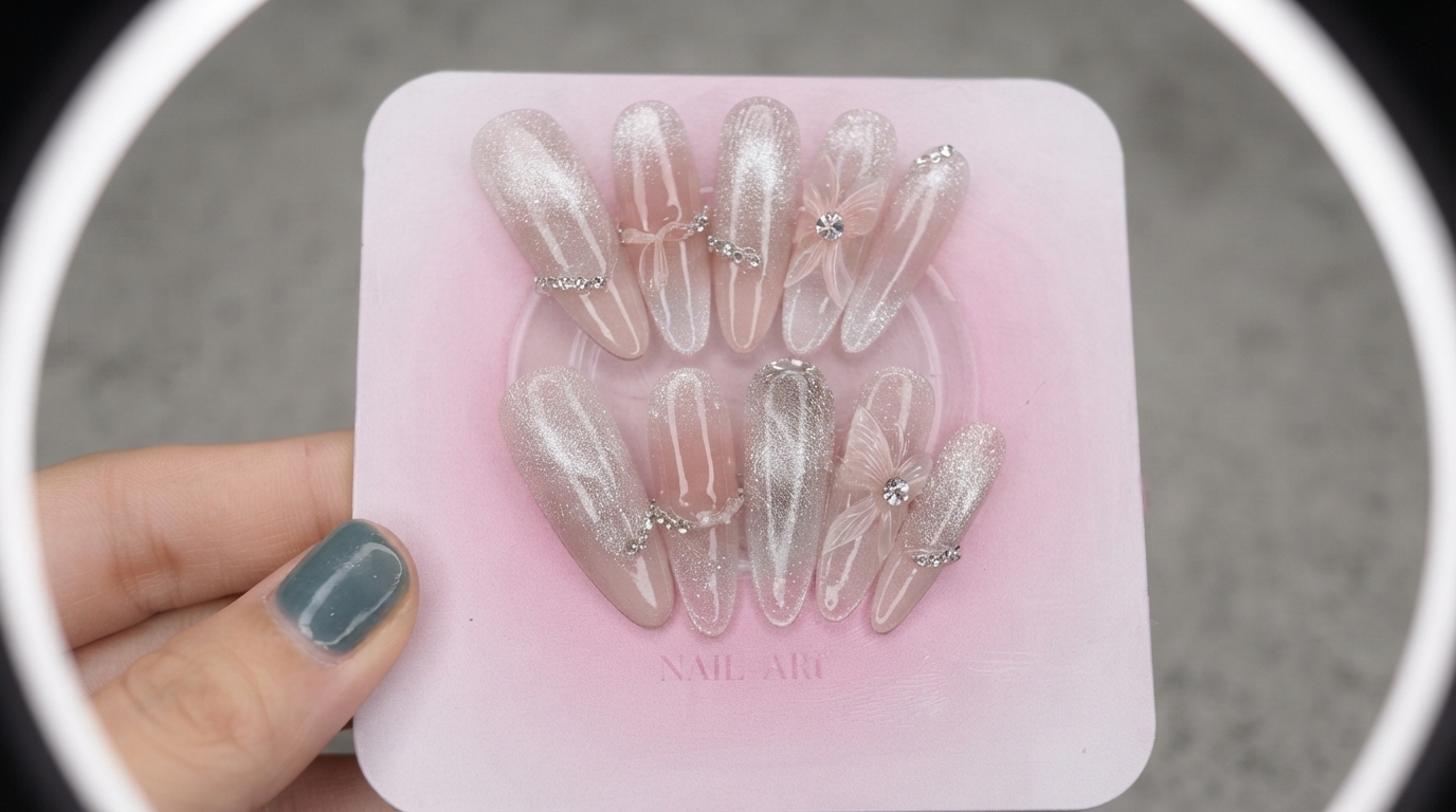 은은한 누드 핑크 옴브레 베이스에 마그네틱 캣아이 펄감과 실버 스톤 체인, 3D 크리스탈 리본으로 장식된 롱 아몬드 셰입 네일팁 세트.