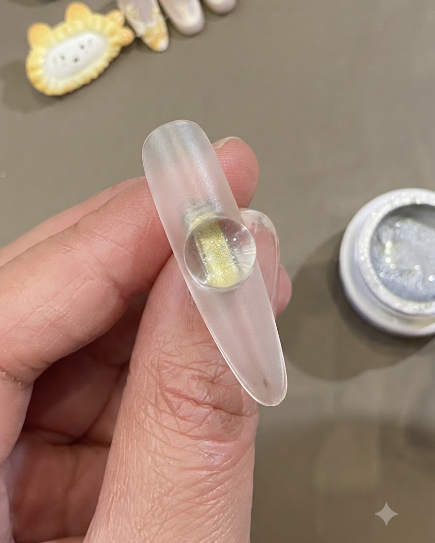 네일 팁 중앙에 완벽하게 둥글고 밝은 유리구슬 자석 젤 효과가 나타난 모습을 담은 매크로 샷.