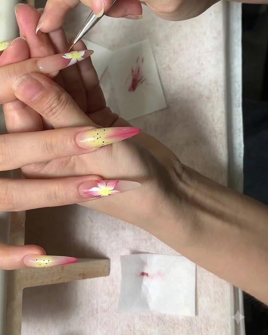 네일의 꽃잎 중앙을 가로질러 마젠타 라인을 당기고 있는 세필 브러시.