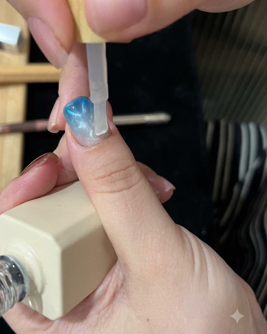 완성된 블루 캣아이 및 옴브레 네일 디자인 위에 투명한 탑 코트 층을 브러시로 바르는 모습.